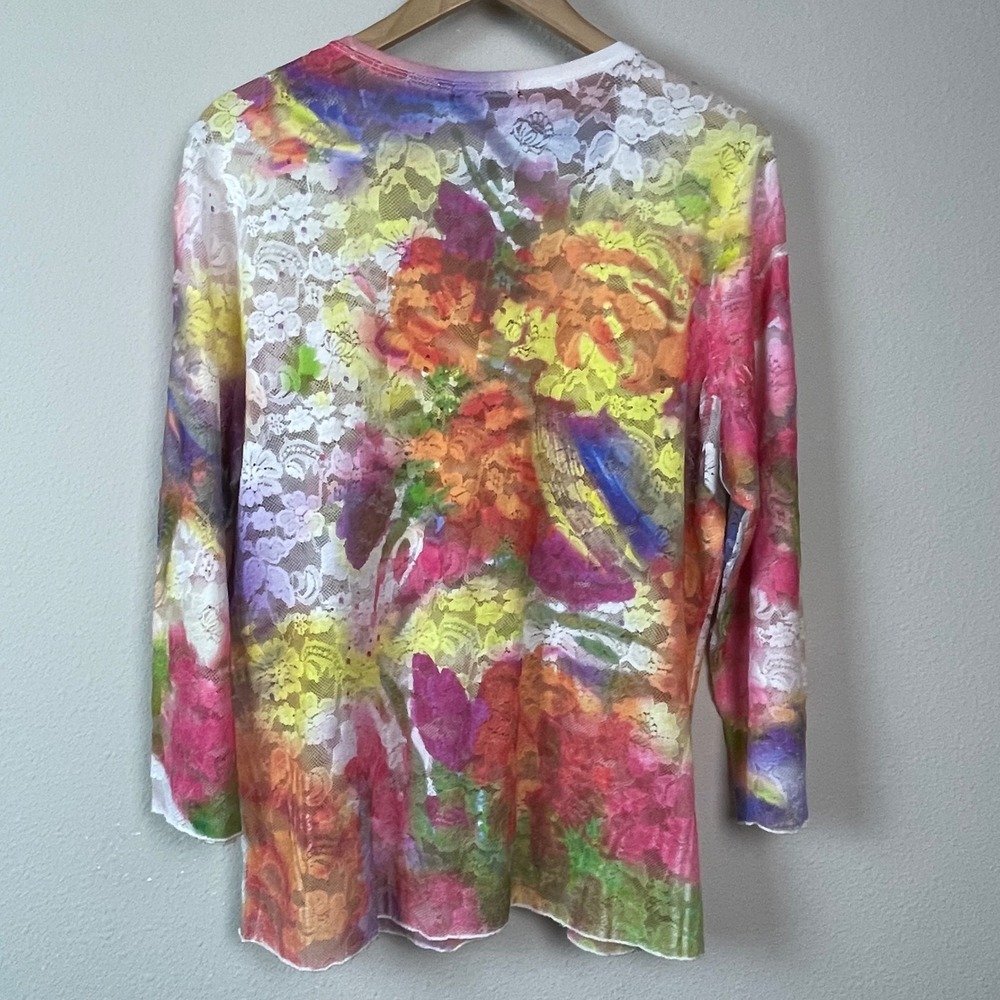 David Cline XL Beaded Lace Floral Resort Long Sleeve Lace Sheer Top Yellow Pink - Picture 8 of 10